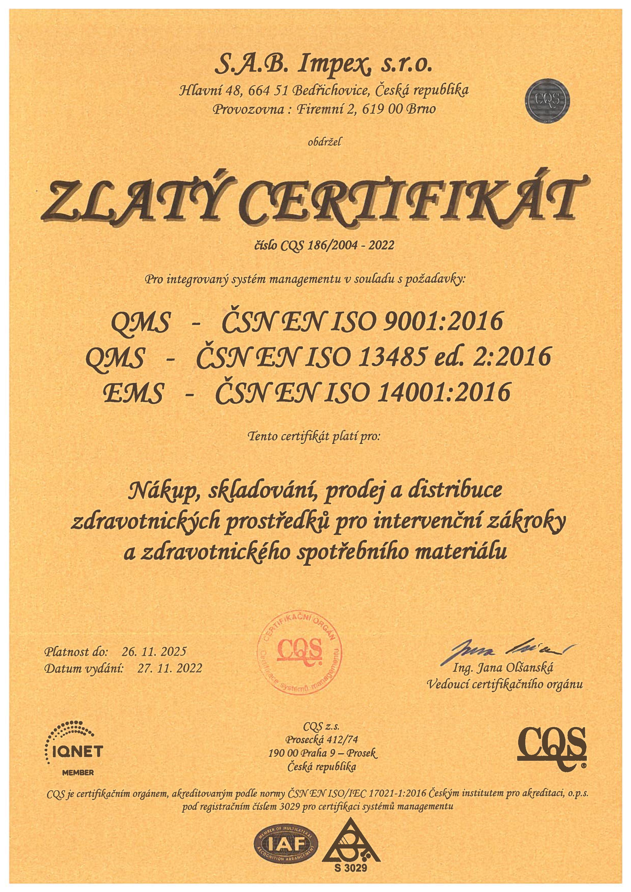ISO Zlatý certifikát